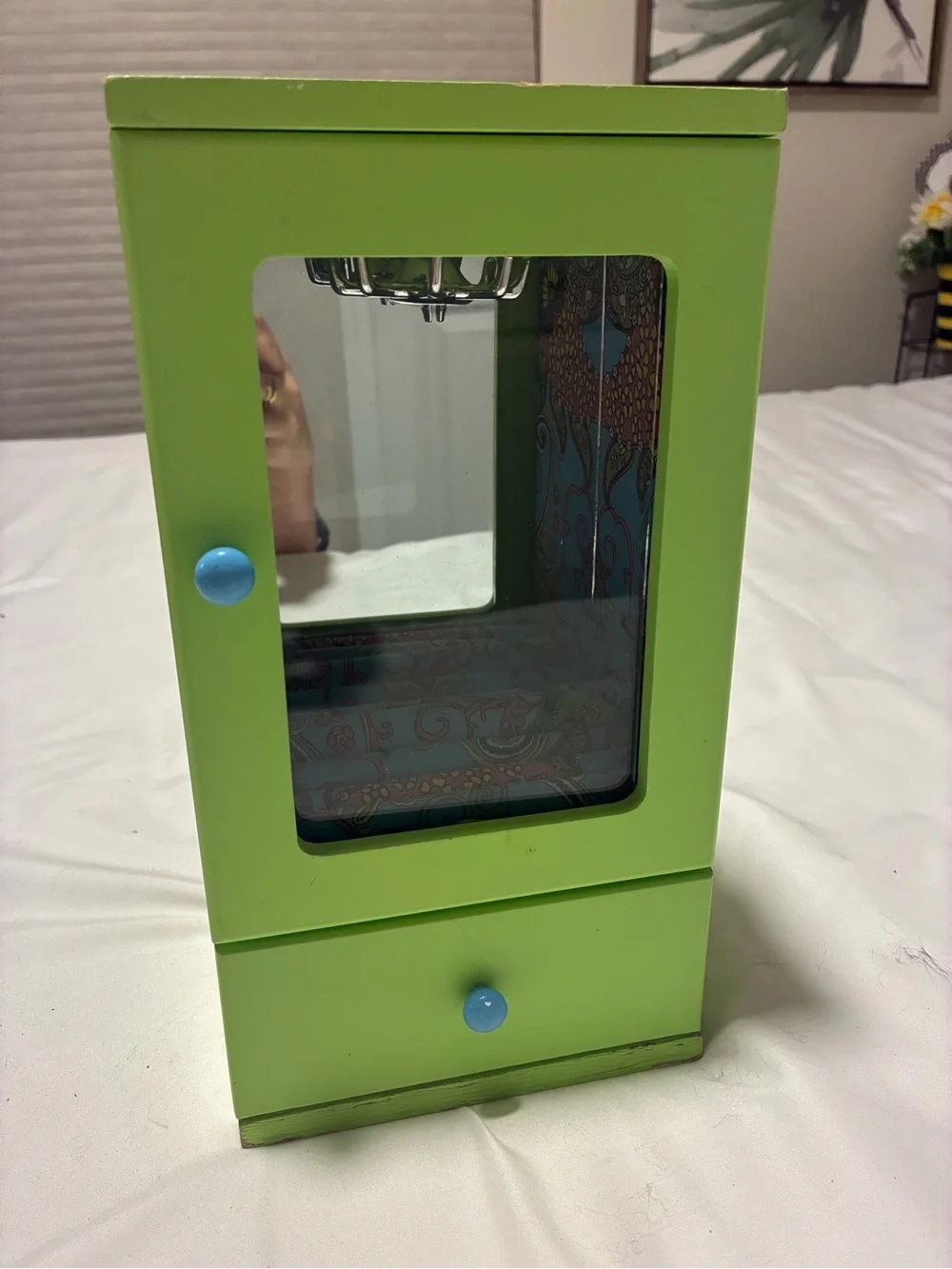 Retro Lime Green Jewelry Armoire with Drawer and Mirror